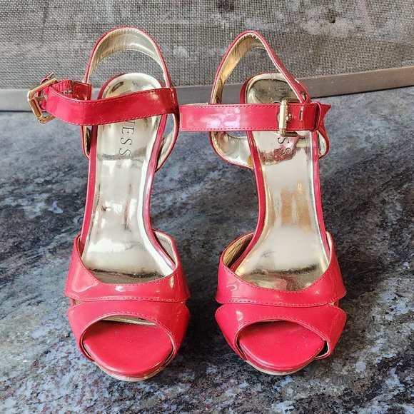 Guess Red Glossy Patent Leather Spike Peep Toe Heels Size 6M - Picture 8 of 16